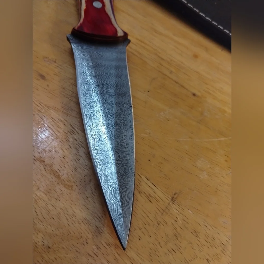New Mens Red Damascus Steel Blade Knife Double Edged Dagger with Sheath - Picture 10 of 10